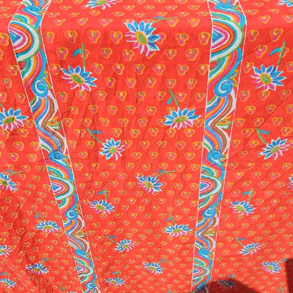 Vintage Cotton Indian Block Design  Orange  Blue Floral Shower 72" X 72" Curtain - Picture 7 of 17